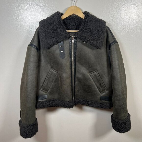 Zara Double Faced Aviator Faux Leather Jacket Size Small Green Shearling Sherpa - Picture 2 of 12